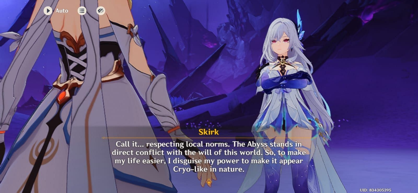 Skirk explains her Cryo-like abyssal power to the Traveler amid training (Image via HoYoverse)